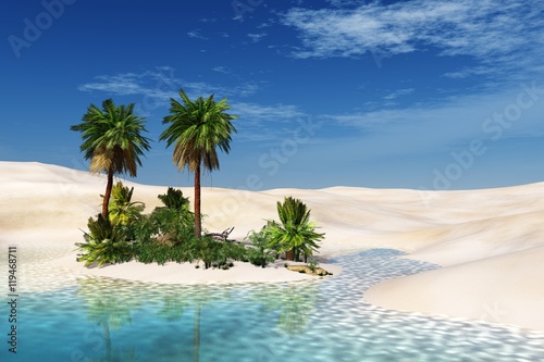 Oasis. Sandy Desert. Palm trees over the water.