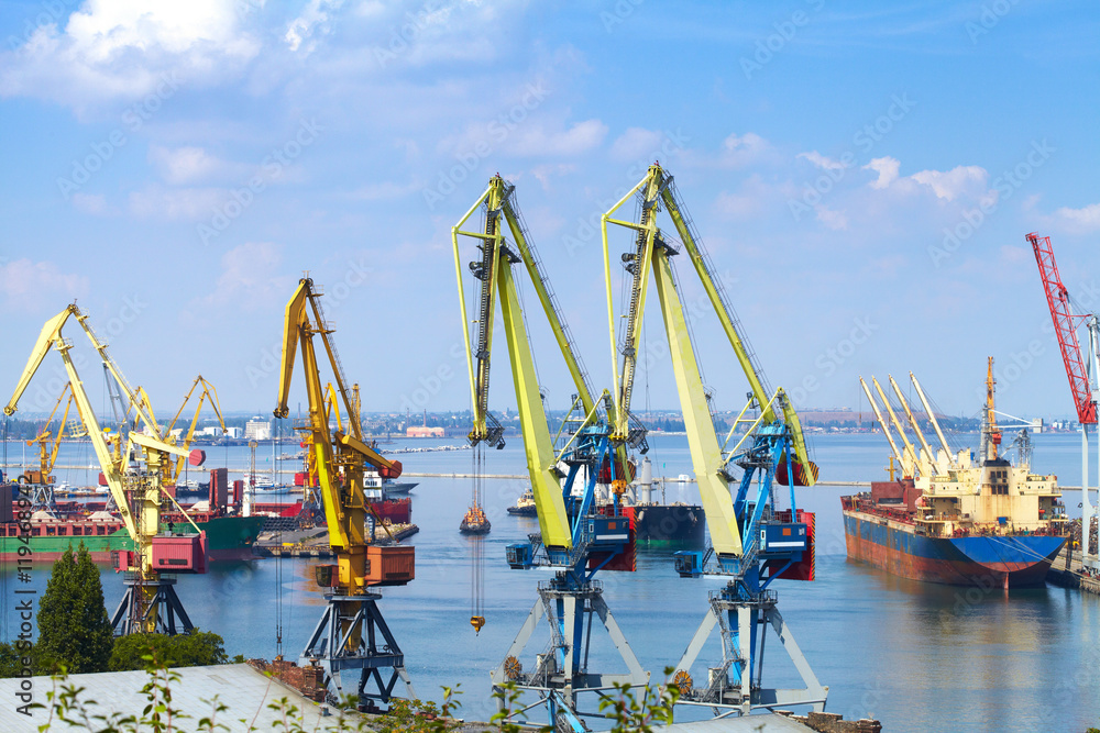 Sea Port in Odessa, Ukraine, 2016. Hoisting crane and ship