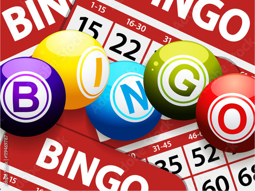 Bingo balls over red bingo cards