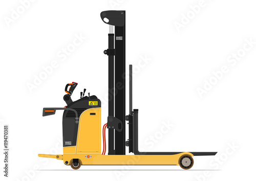 Electric reach stacker forklift on a white background. Flat vector