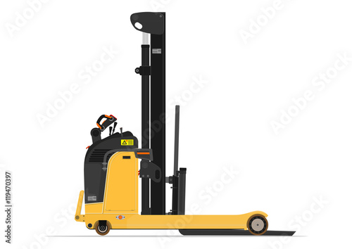 Electric reach stacker forklift on a white background. Flat vector