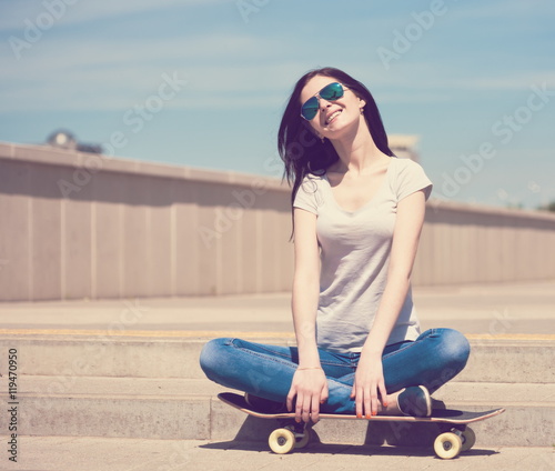 Woman skateboard, close up, smile, instagram, half height