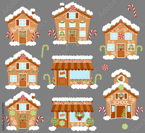 Set of Cute Vector Holiday Gingerbread Houses, Shops and Other Buildings with Snow