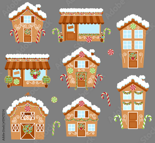 Set of Cute Vector Holiday Gingerbread Houses, Shops and Other Buildings with Snow