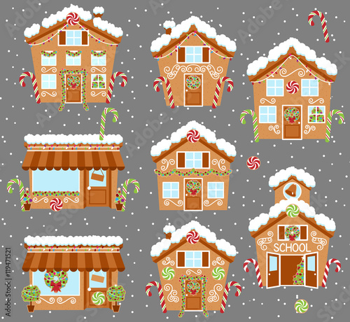 Set of Cute Vector Holiday Gingerbread Houses, Shops and Other Buildings with Snow
