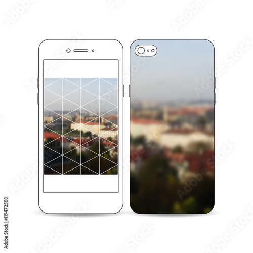 Mobile smartphone with an example of the screen and cover design isolated on white. Polygonal background, blurred image, urban landscape, Prague cityscape, modern triangular texture