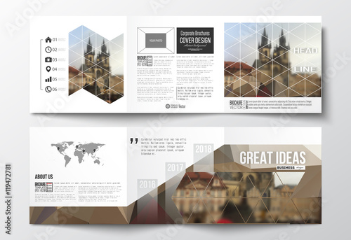 Vector set of tri-fold brochures, square design templates. Polygonal background, blurred image, urban landscape, Prague cityscape, modern triangular texture