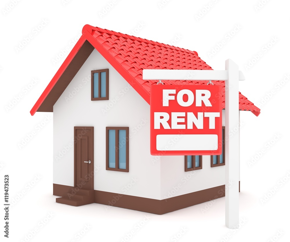 Miniature model of house real estate for rent on white background. 3D rendering.