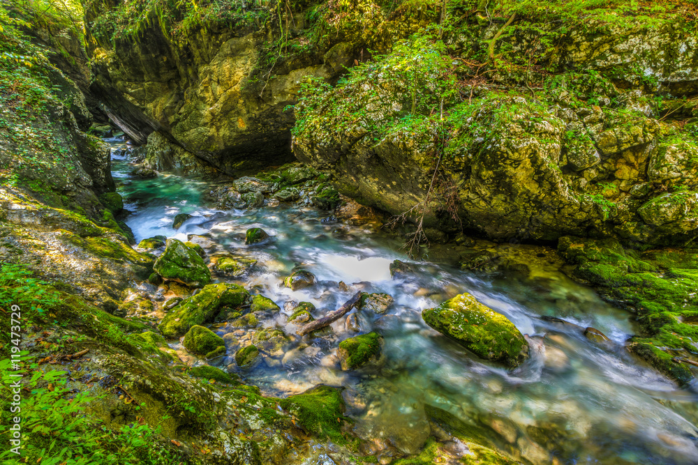 The canyon Mostnica (Mostnice Korita) with crystal clear water and Mostnica waterfall in Triglav national park, Slovenia