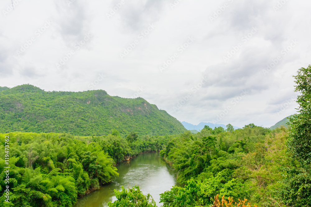 River Kwai in Thailand and mountain background