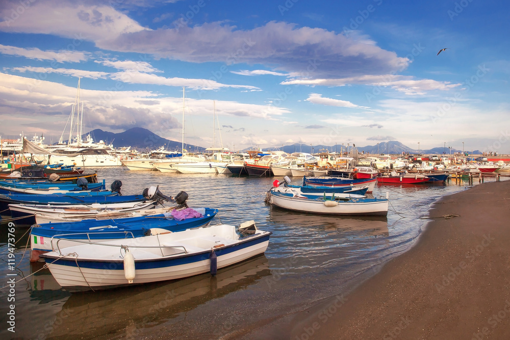 Marina of Naples, beach and boats.