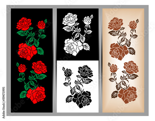 Set of three illustrations. Color image of flowers (roses) using traditional Ukrainian embroidery elements. Can be used as pixel art. photo
