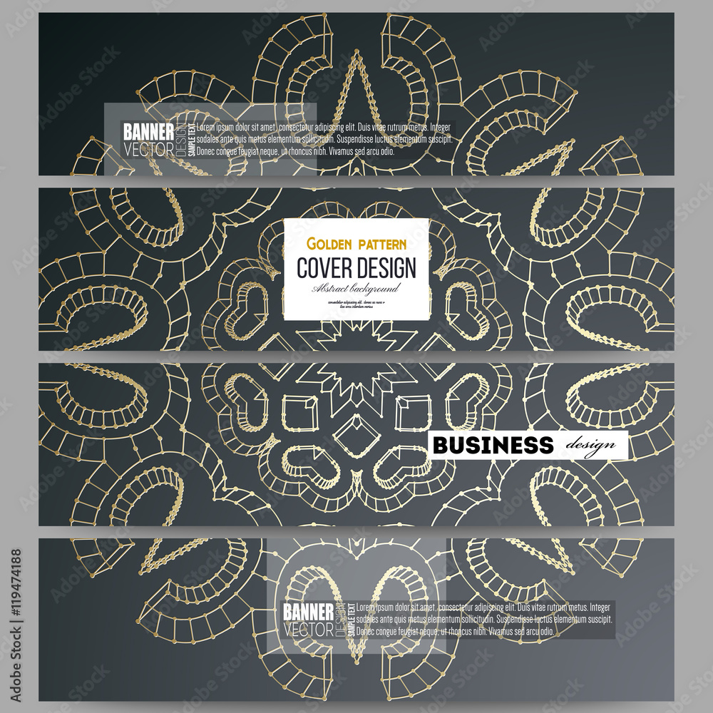 Fototapeta premium Set of modern banners. Polygonal backdrop with golden connecting dots and lines, connection structure. Digital scientific background