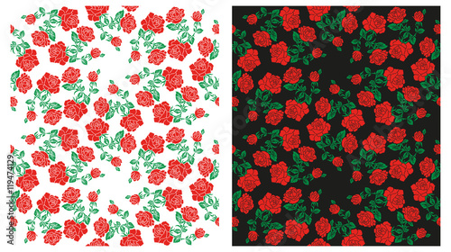 Two color images of flowers (roses) using traditional Ukrainian embroidery elements. Can be used as pixel-art pattern. photo