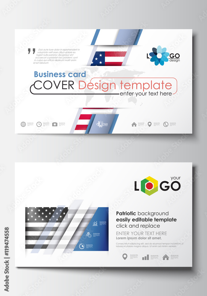 Business card templates. Cover design template, easy editable blank, abstract flat layout. Patriot Day background with american flag, vector illustration