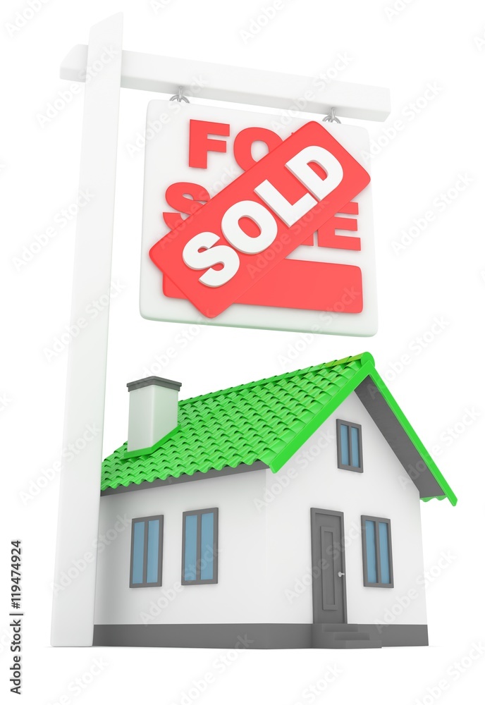 Isolated model of house with sign for sale sold. Concept of real estate, new apartment and moving to a new house. 3D rendering. Isolated model of house with sign for sale sold. Concept of real estate, new apartment and moving to a new house. 3D rendering.