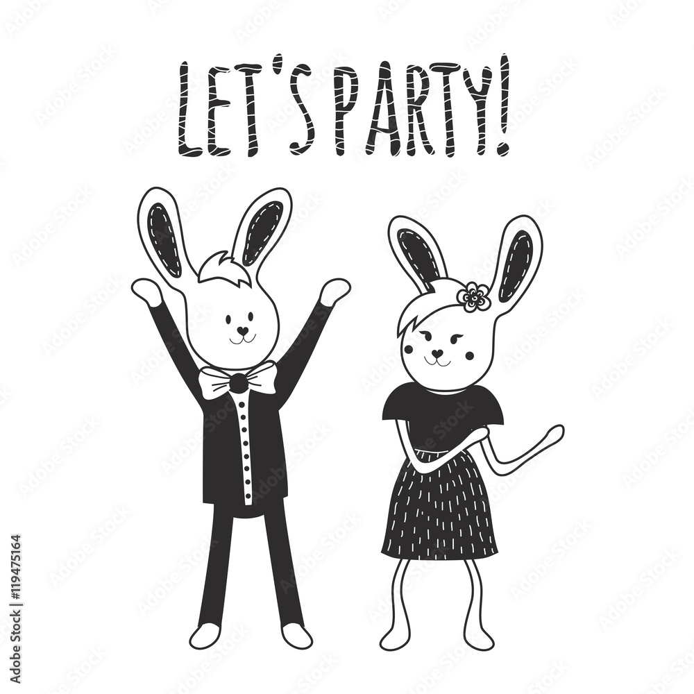 Cute couple of hares dance together and having fun. Let's party! Cute couple of hares dance together and having fun. Let's party!
