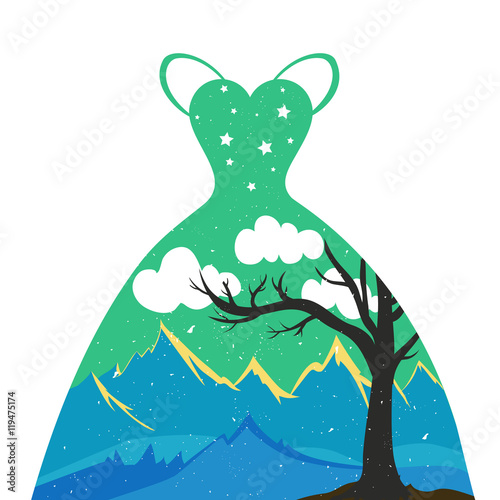 Beautiful magic dress with amazing fairytale landscape inside. Mountains, fields, tree, cloudy and starry sky