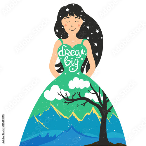 Princess in magic dress with landscape inside. Mountains, fields, tree, cloudy starry sky. Dream big - quote.
