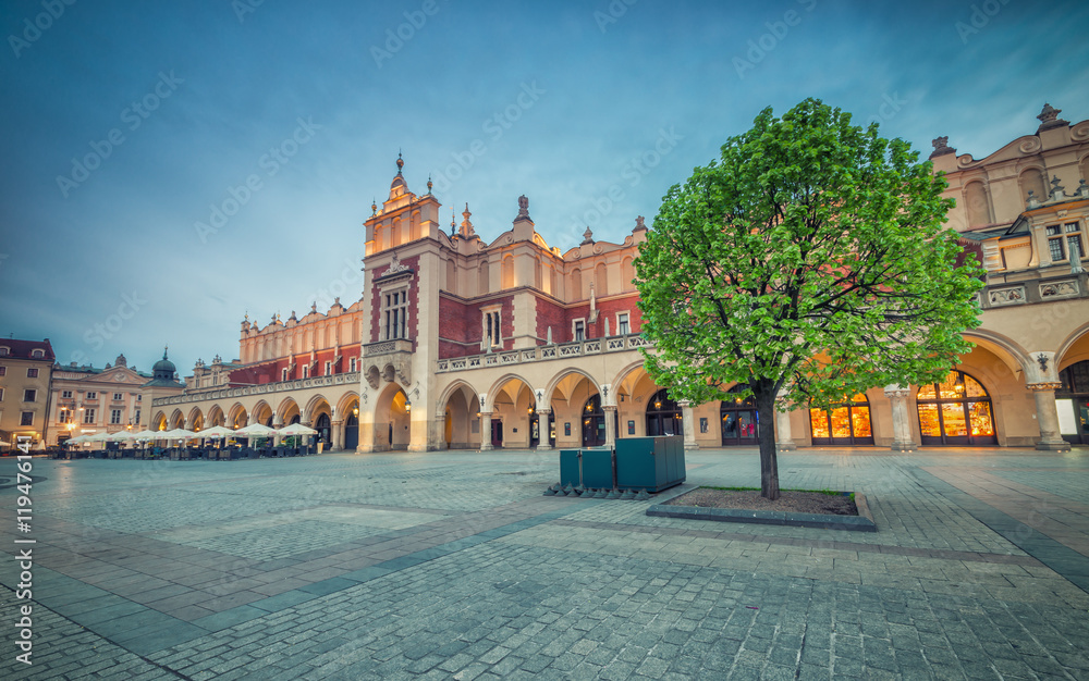 Famous Cloth Hall on Main Market Square in Krakow, illuminated in the night