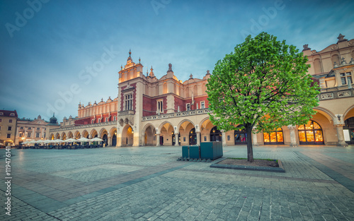 Famous Cloth Hall on Main Market Square in Krakow, illuminated in the night
