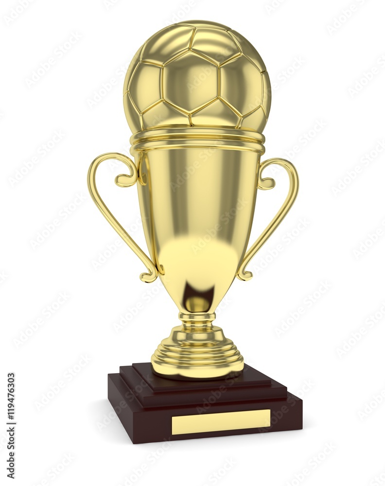 Golden cup and golden ball on white background. 3D rendering. Golden cup and golden ball on white background. 3D rendering.