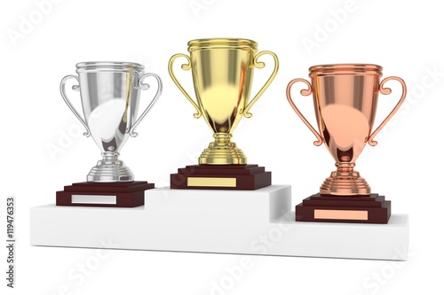Three cups on white pedestal. 3D rendering.