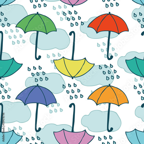 Seamless Vector Pattern with Rain and Umbrellas