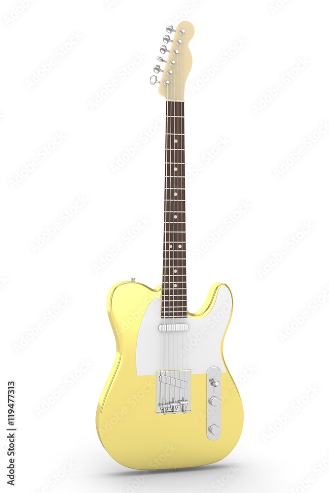 Isolated golden electric guitar on white background.  Musical instrument for rock, blues, metal songs. 3D rendering.