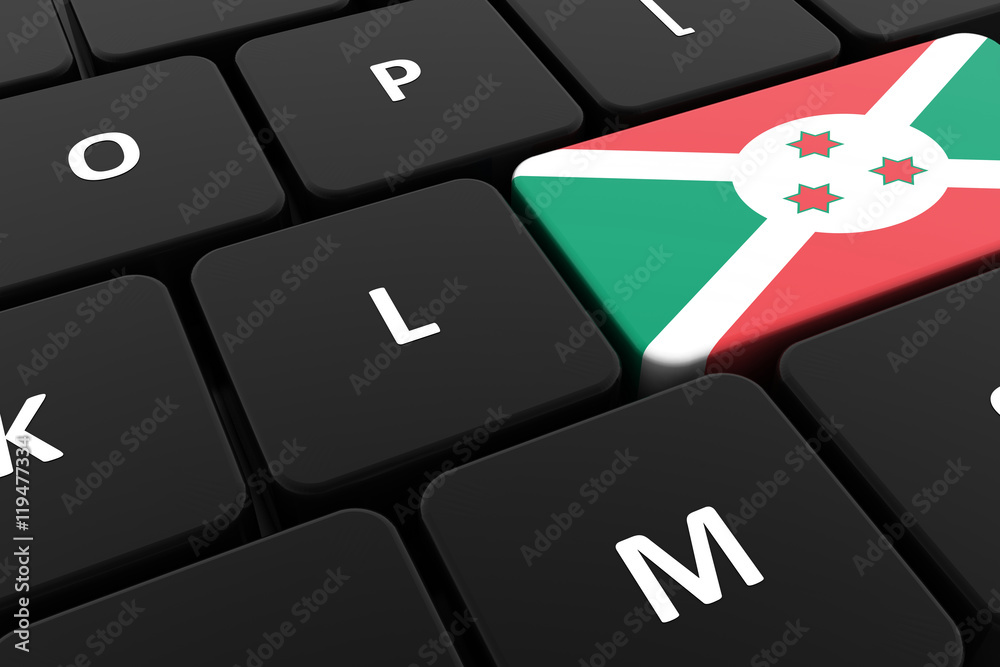 Computer keyboard, close-up button of the flag of Burundi. 3D render of a laptop keyboard Computer keyboard, close-up button of the flag of Burundi. 3D render of a laptop keyboard