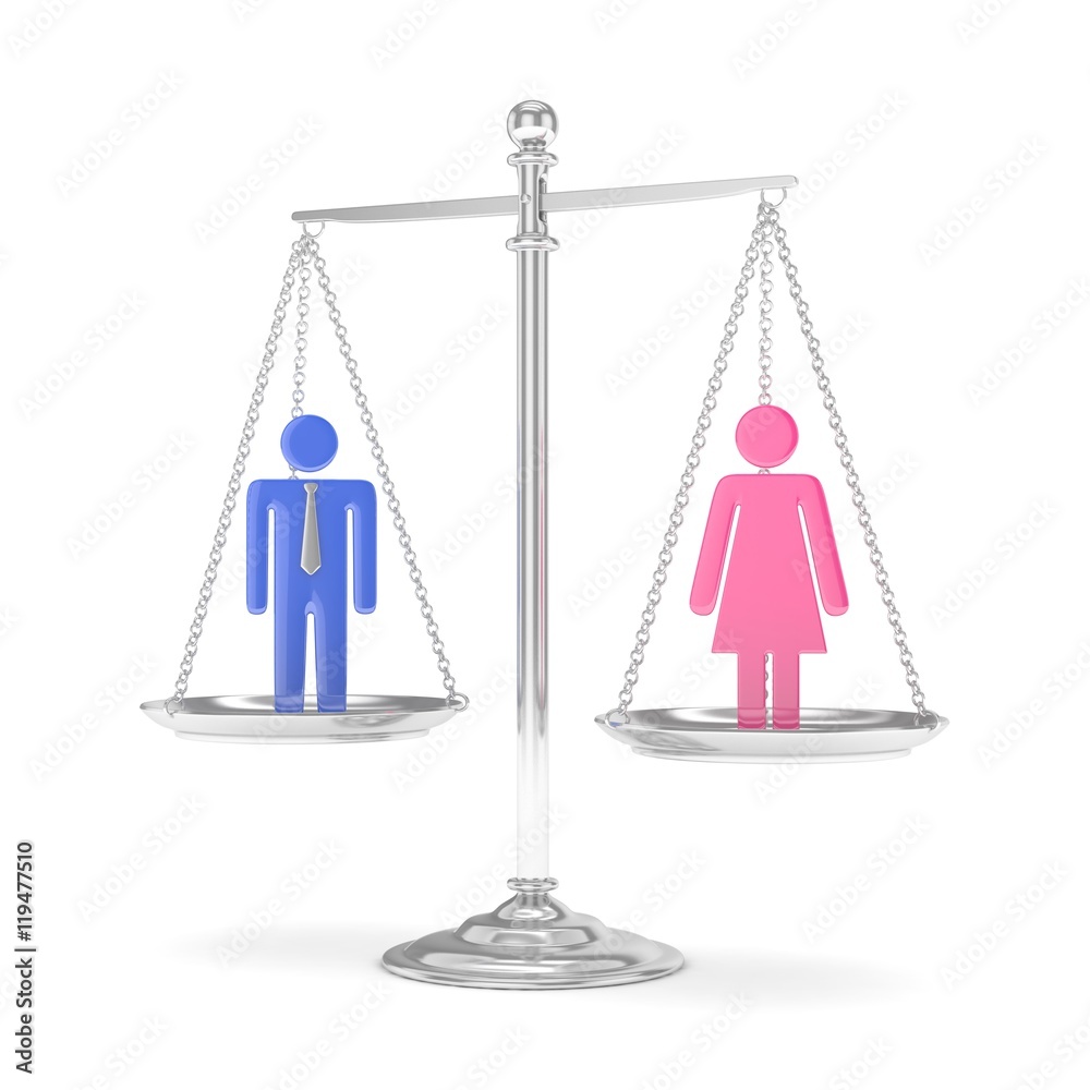 Isolated old fashioned silver pan scale with colorful man and woman on white background. Gender inequality. Equality of sexes. Law issues. Silver model. 3D rendering. Isolated old fashioned silver pan scale with colorful man and woman on white background. Gender inequality. Equality of sexes. Law issues. Silver model. 3D rendering.