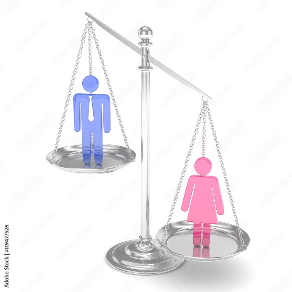 Isolated old fashioned pan scale with man and woman on white background. Gender inequality. Female is heavier. Law issues. Colorful model. 3D rendering. Isolated old fashioned pan scale with man and woman on white background. Gender inequality. Female is heavier. Law issues. Colorful model. 3D rendering.