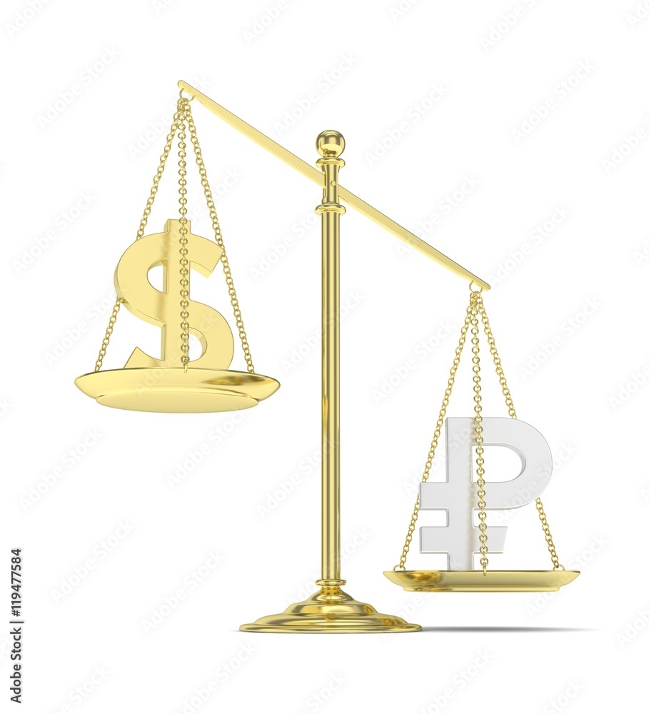 Isolated old fashioned pan scale with dollar and ruble on white background. American and russian currency. Ruble is heavier. Silver rouble, golden usd. 3D rendering. Isolated old fashioned pan scale with dollar and ruble on white background. American and russian currency. Ruble is heavier. Silver rouble, golden usd. 3D rendering.