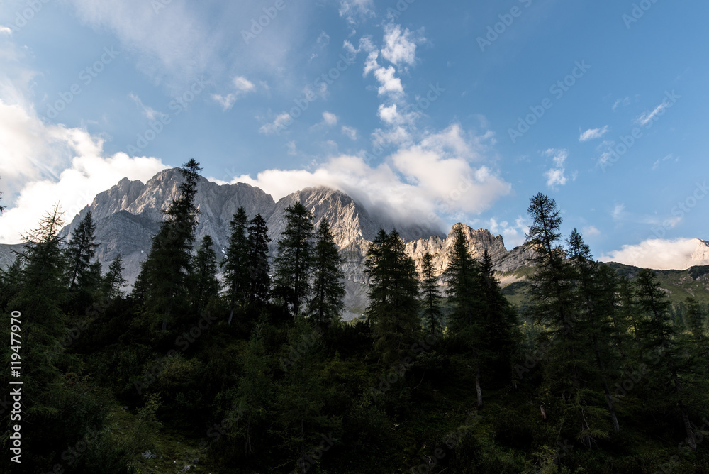 Lampsenspitze, majestic mountain peak over Ahornboden in Tyrol Austria