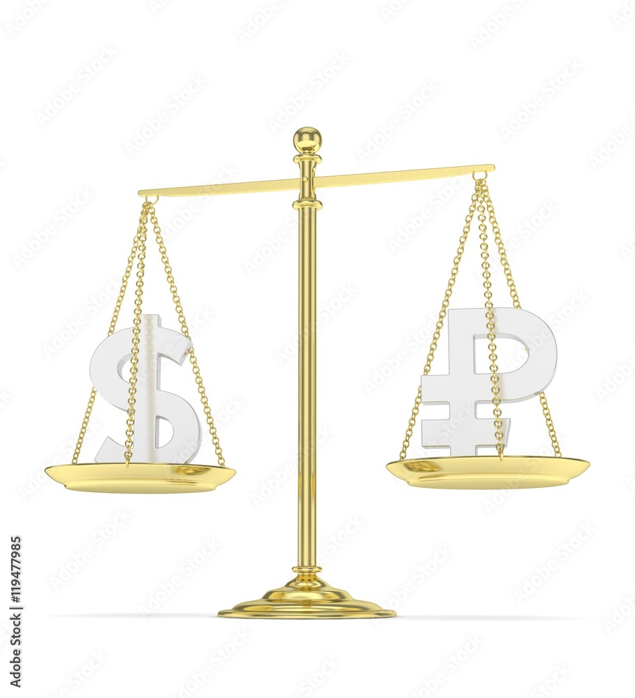 Isolated old fashioned pan scale with dollar and ruble on white background. American and russian currency. Currency equality. 3D rendering. Isolated old fashioned pan scale with dollar and ruble on white background. American and russian currency. Currency equality. 3D rendering.