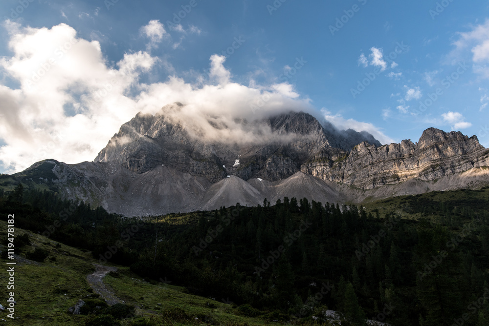 Lampsenspitze, majestic mountain peak over Ahornboden in Tyrol Austria