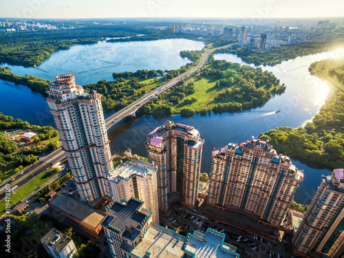 Aerial view of modern residential building at Moskva River, Moscow, Russia photo