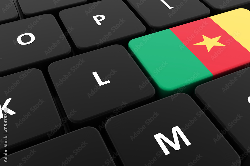 Computer keyboard, close-up button of the flag of Cameroon. 3D render of a laptop keyboard Computer keyboard, close-up button of the flag of Cameroon. 3D render of a laptop keyboard