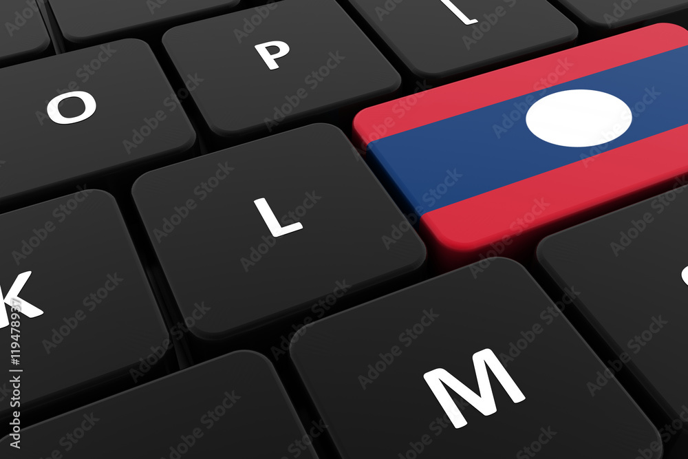 Computer keyboard, close-up button of the flag of Laos. 3D render of a laptop keyboard Computer keyboard, close-up button of the flag of Laos. 3D render of a laptop keyboard