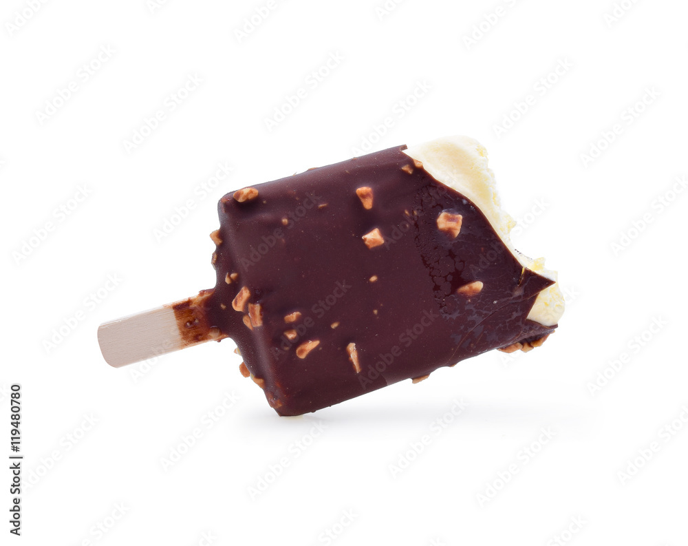 Ice cream covered with chocolate white background.