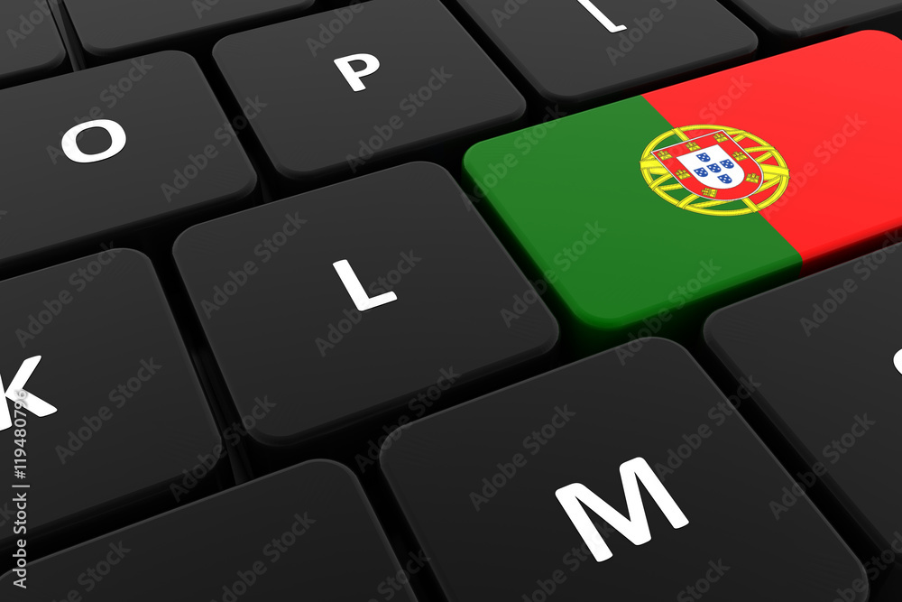 Computer keyboard, close-up button of the flag of Portugal. 3D render of a laptop keyboard Computer keyboard, close-up button of the flag of Portugal. 3D render of a laptop keyboard