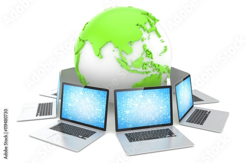 Laptop network around earth globe. 3d render