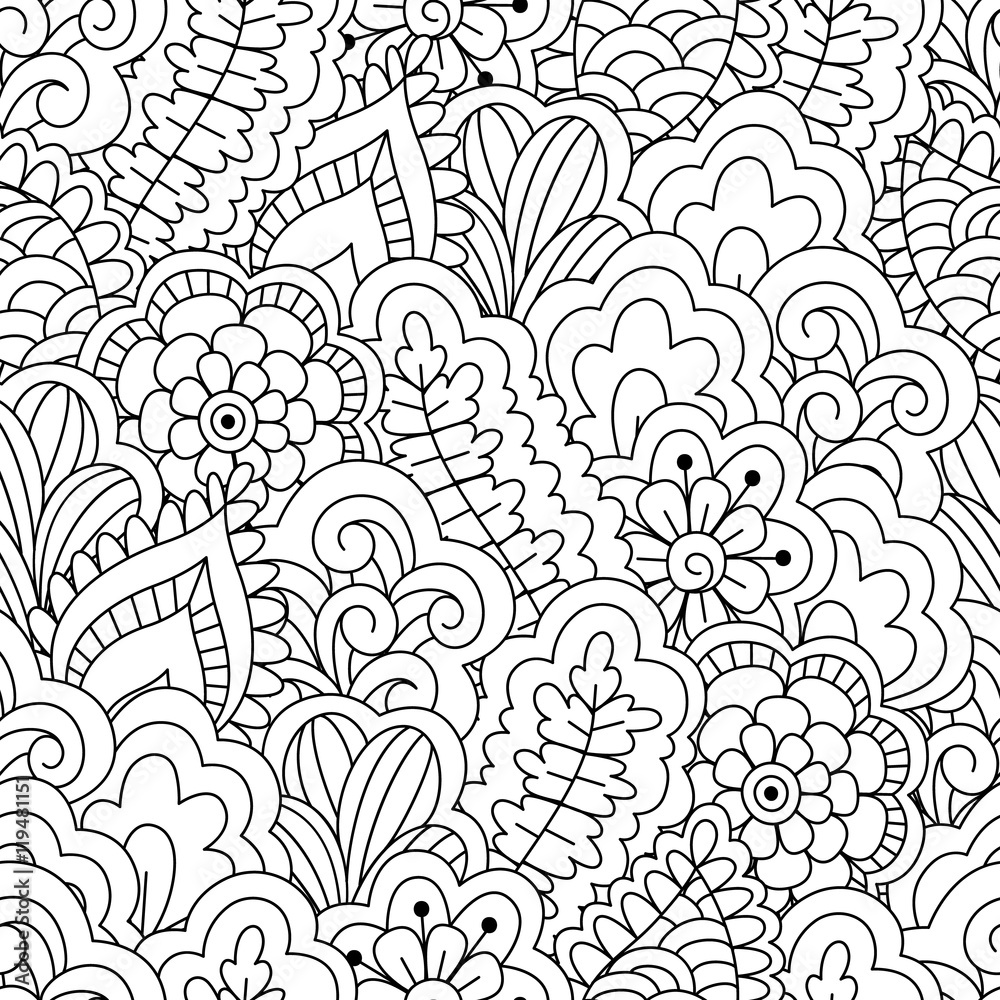 Seamless black and white background. Floral, ethnic, hand drawn