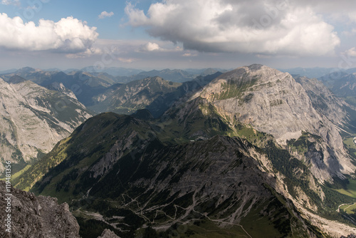 The valley of Grosser Ahornboden from Lampsenspitze in Tyrol Austria