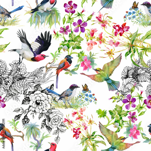Watercolor hand drawn seamless pattern with tropical summer flowers and exotic birds