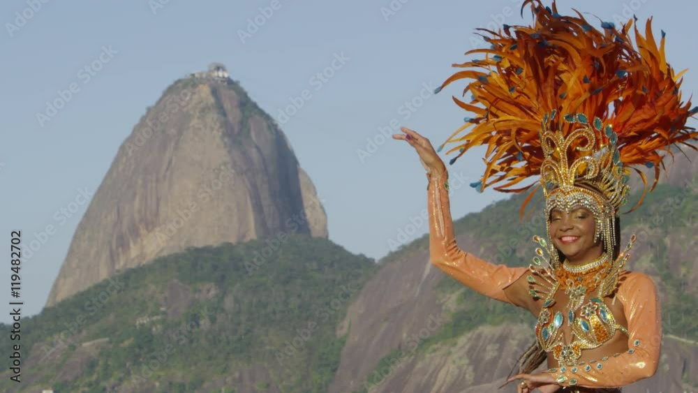 Samba dancing in full costume in Rio de Janiero beach