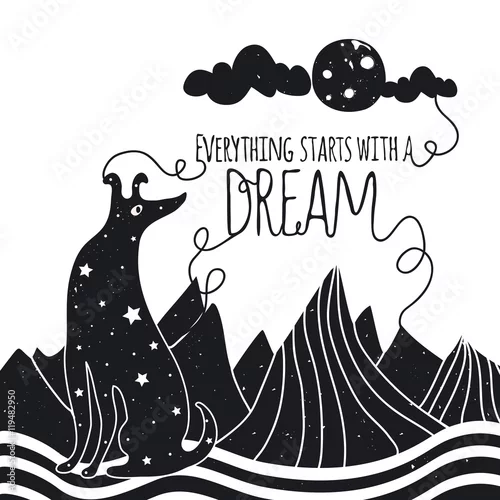 Naklejka na ścianę Śliczna romantyczna wektorowa ilustracja z psem patrzeje księżyc. Wszystko zaczyna się od snu. Gwiazdy, góry i chmury.