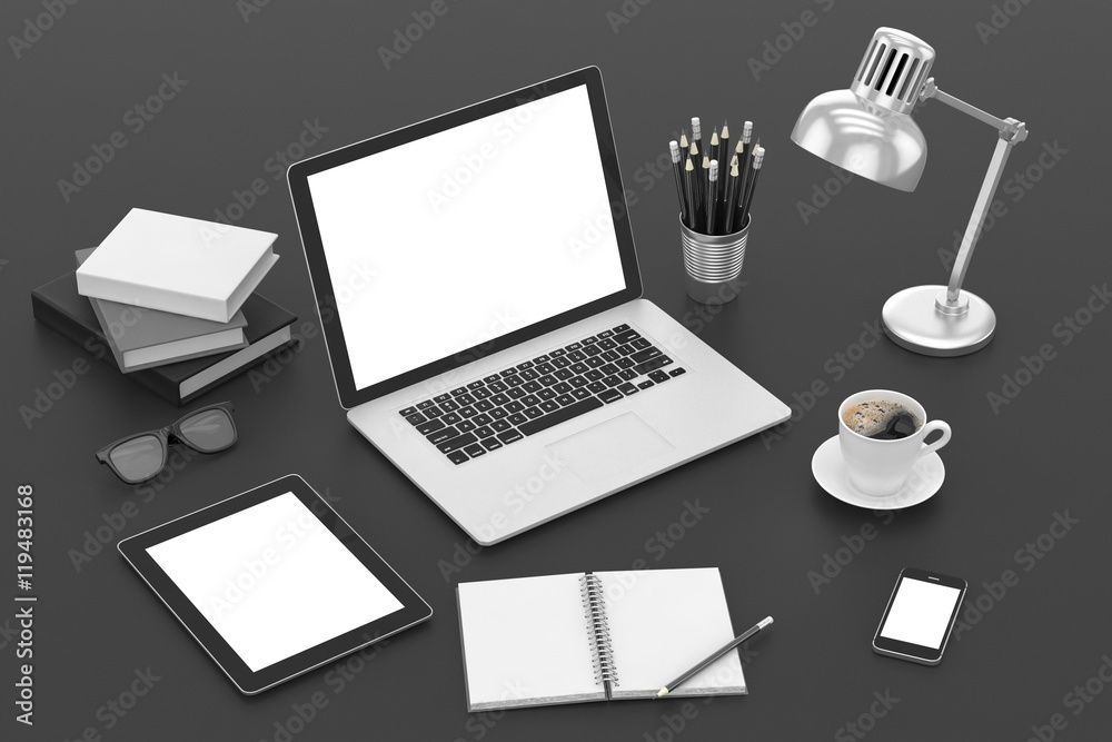 Responsive mockup screens. Laptop, tablet, phone on table. 3d rendering. Responsive mockup screens. Laptop, tablet, phone on table. 3d rendering.