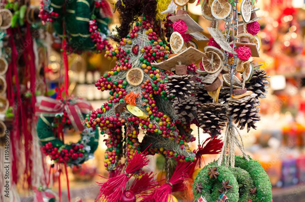 Christmas market. Decorations made of natural materials.