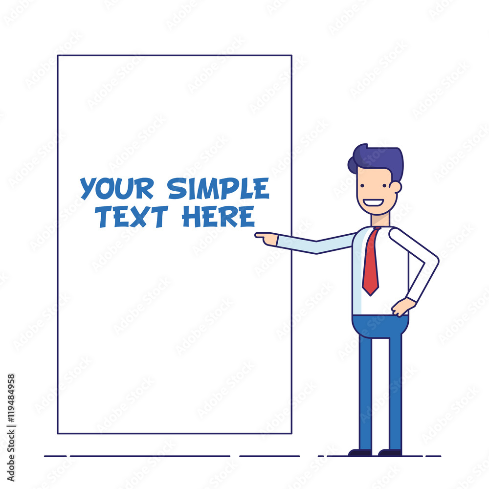 Businessman or manager shows at the poster where you can place your text. Cartoon character in business suit. Happy man in thin line flat style. Businessman or manager shows at the poster where you can place your text. Cartoon character in business suit. Happy man in thin line flat style.